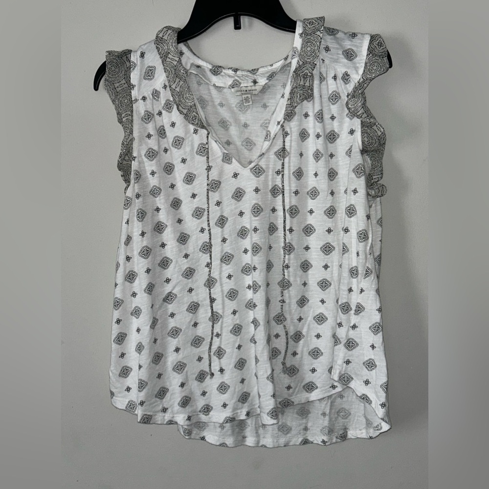Lucky Brand Womens L Blouse Shirt Flutter Sleeve V Neck White Black Cross